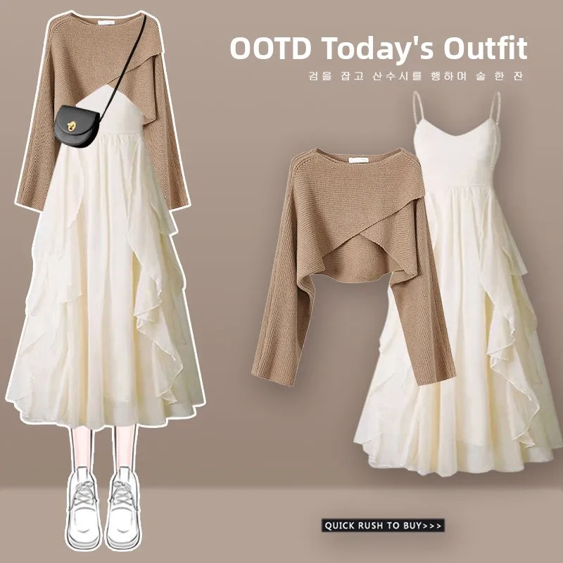 

Комплект женской одежды больших размеров: осенний вязаный топ с перекрестной вязкой и облегающий комплект из двух предметов, омолаживающий и модный