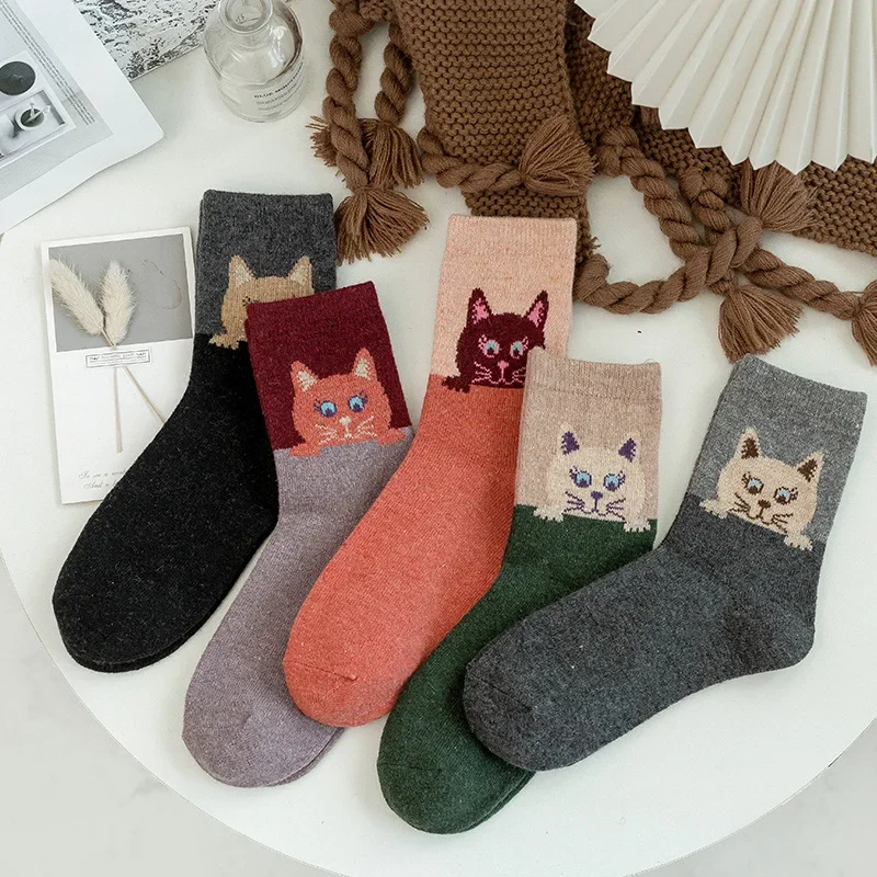 22 New Winter Women's Mid-Calf Wool Socks Thickened Warm Cat Thinking Rabbit Sheep Woolen Socks Amazon Cross-Border Trade Exclus