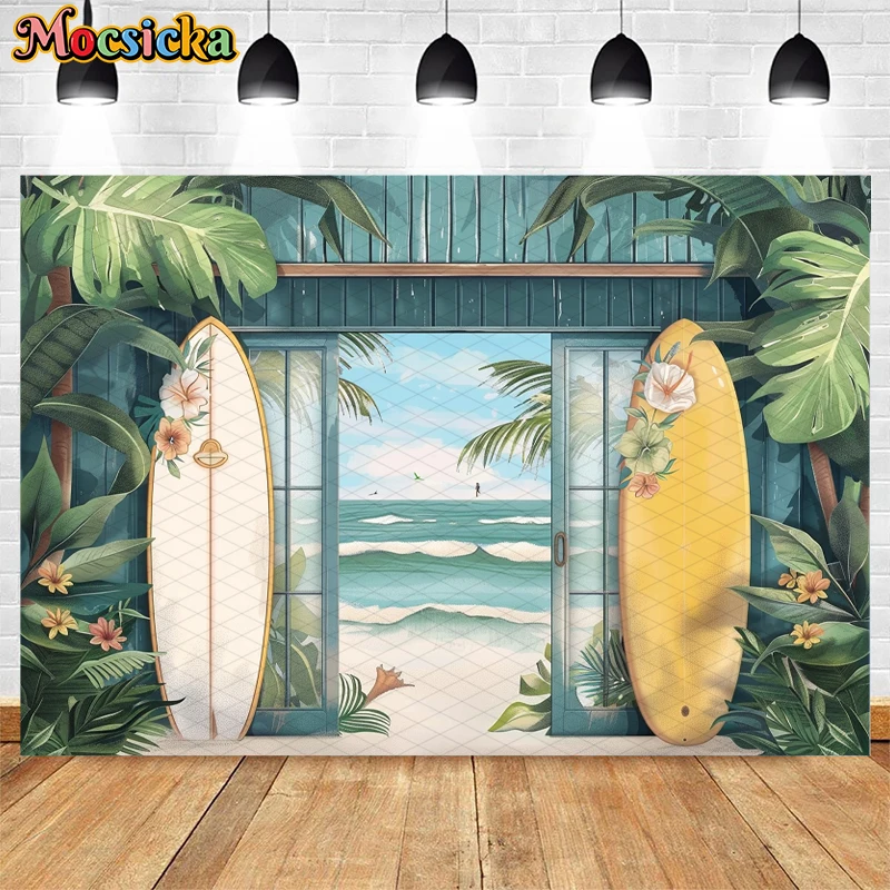 Mocsicka Photography Background Summer Door Window Surfboard Decor Baby Shower Cake Smash Kids Portrait Backdrop Photo Studio