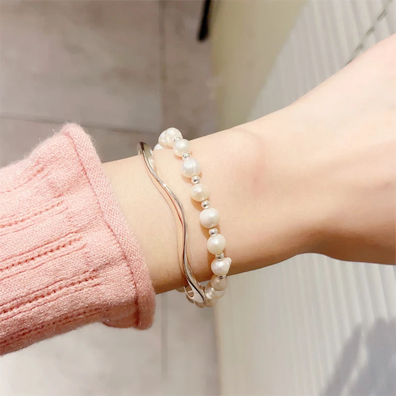 

WEDHOC 925 Sterling Silver Double Layer Cute Fresh Wave Pearls Resizable Bracelet For Women Luxury Jewelry Party Birthday Gift