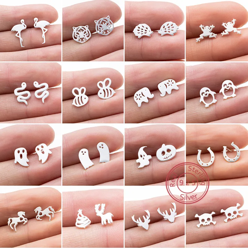 

100% Real Sterling Silver 925 Fashion Stud Earrings Minimalist Hedgehog Tiger Penguin Snake Cartilage Studs Hypoallergenic Gift