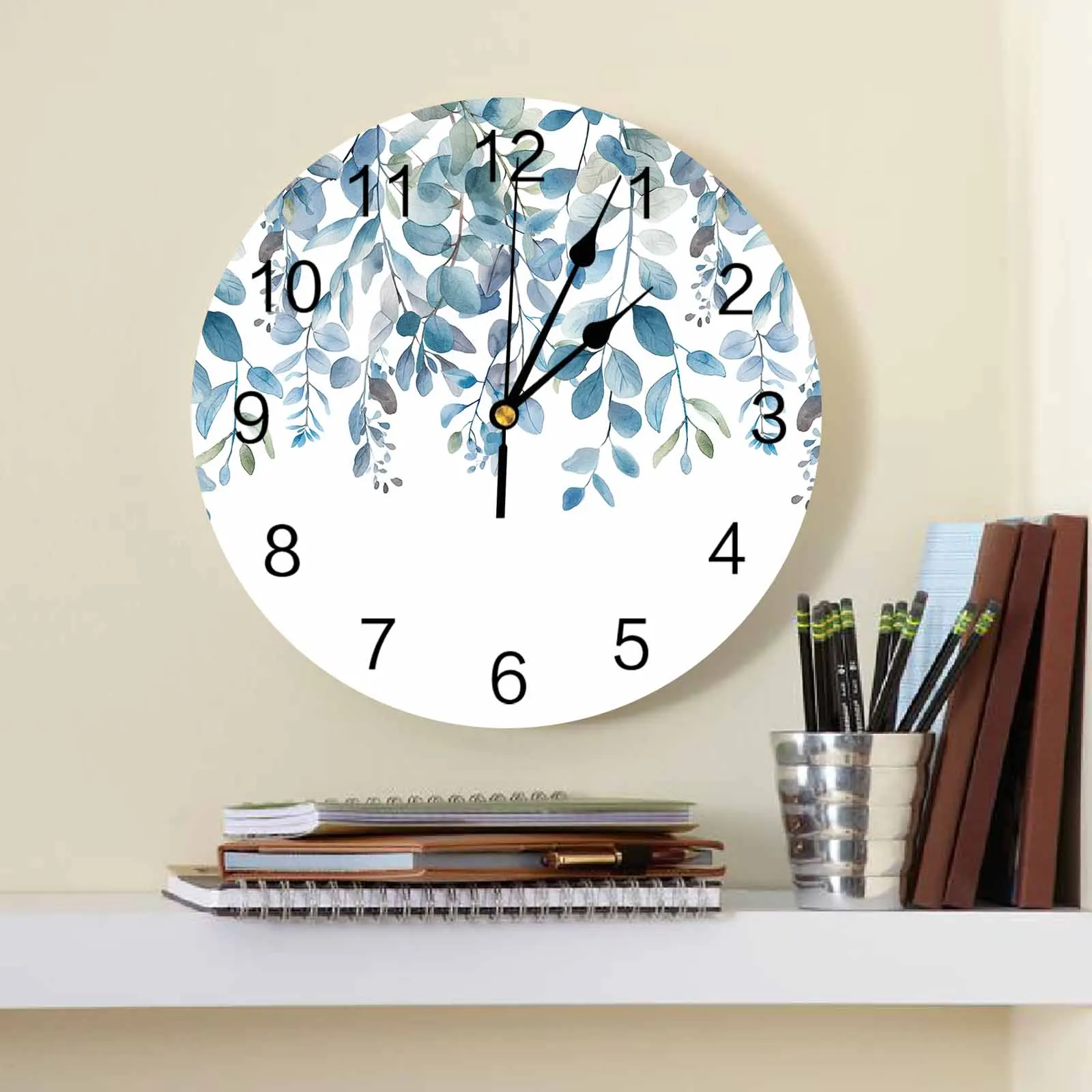 Blue Leaved Eucalyptus Leaf Plant Wall Clock Large Modern Kitchen Dinning Round Wall Clocks Bedroom Silent Hanging Watch