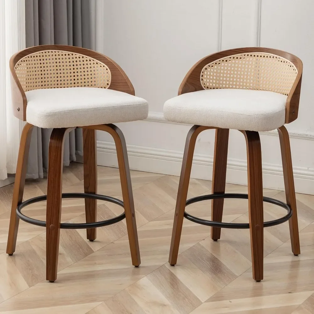 25" Swivel Rattan Bar Stools Set of 2,Mid-Century Modern Beige Linen Fabric Upholstered Counter Height Stools,Kitchen Island