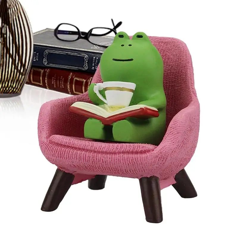 Frog Drinking Coffee Ornament Cartoon Frog Animal Statue Creative Funny Frog Reading Sculpture For Shelf Desk Decoration