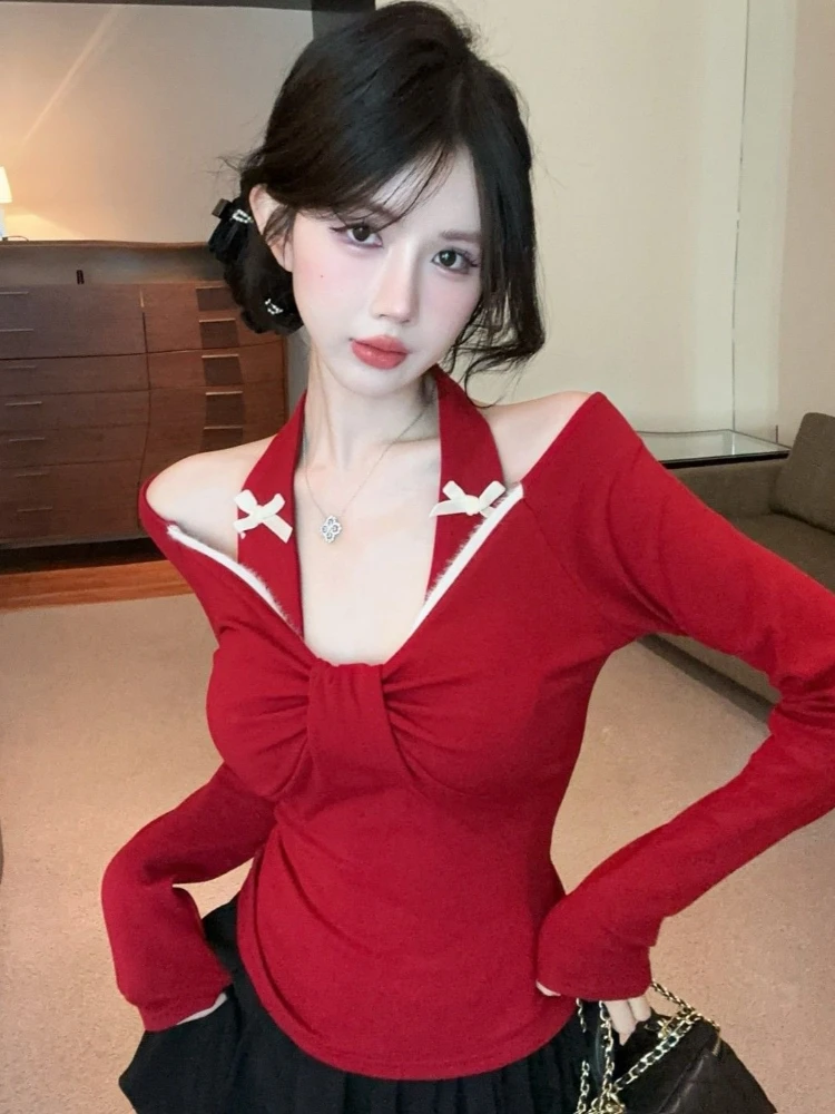

French Sweet Y2k T Shirts Halter Long Sleeve Off Shoulder Pleated Bow Tops Spring Female Slim Tees Design 2025 Women's Clothing