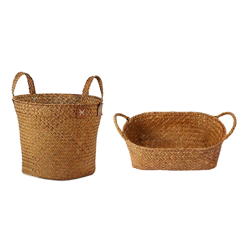 

Natural Round Straw Basket Bin With Handgrip Orange 33X21x26cm With Wicker Weaving Storage Basket Mediu