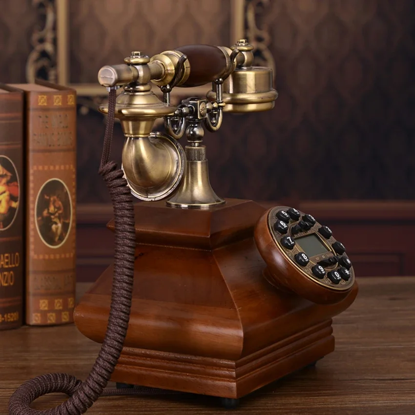 European-style Antique Retro Telephone Solid Wood Landline Decoration, Button Dial with Caller ID, Backlit Handsfree Calling