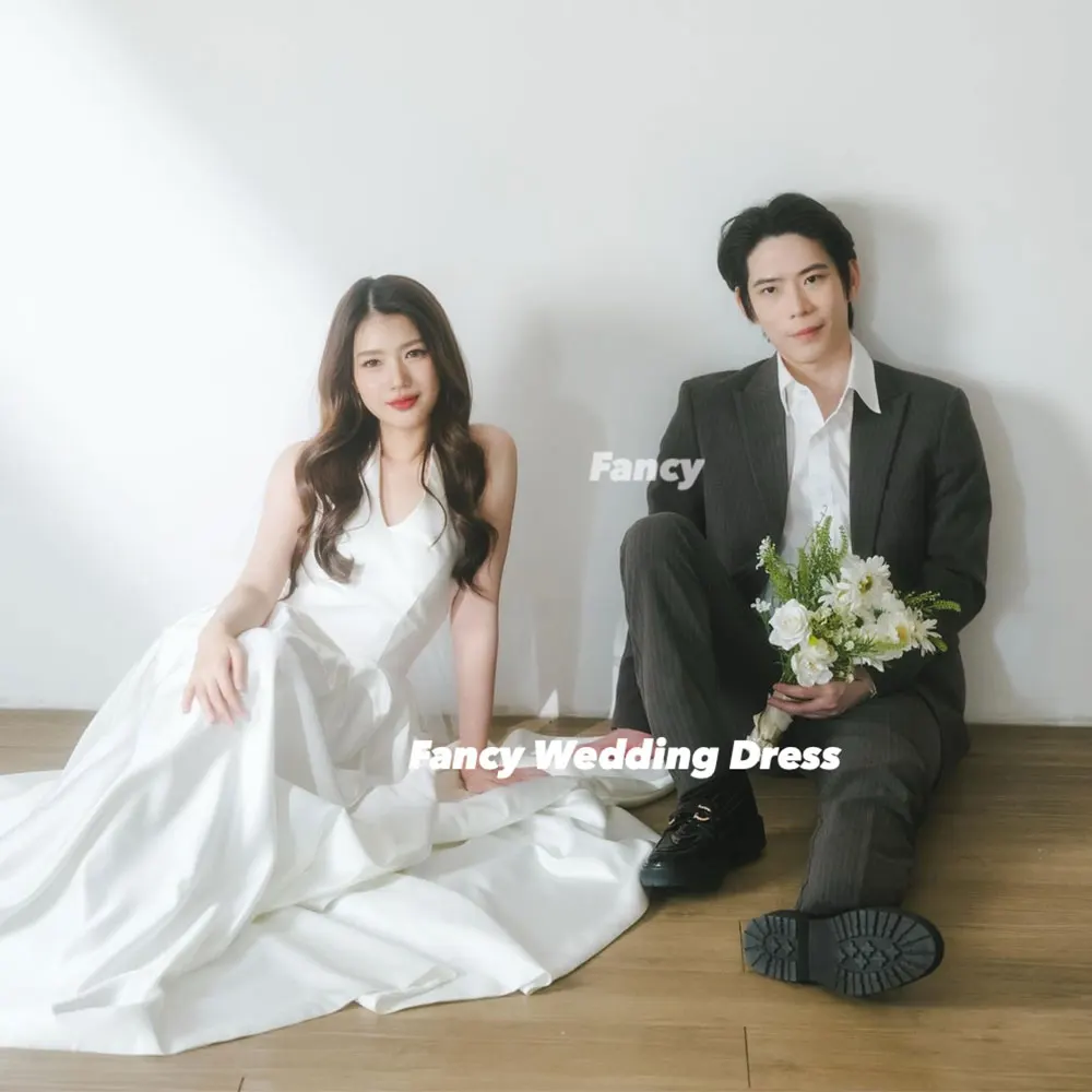 Fancy Sexy V Neck Wedding Dress A Line Korea Photo Shoot Evening Gown Back Corset Soft Satin Customized 웨딩드레스