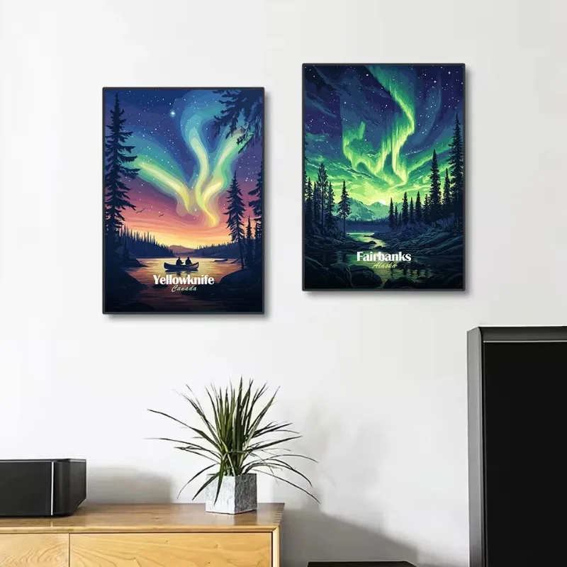 أورورا ليلة تافيل مدن أيسلندا كندا النرويج الشتاء الغابات المشهد المشارك حائط لوح رسم الفن صور ديكور المنزل
