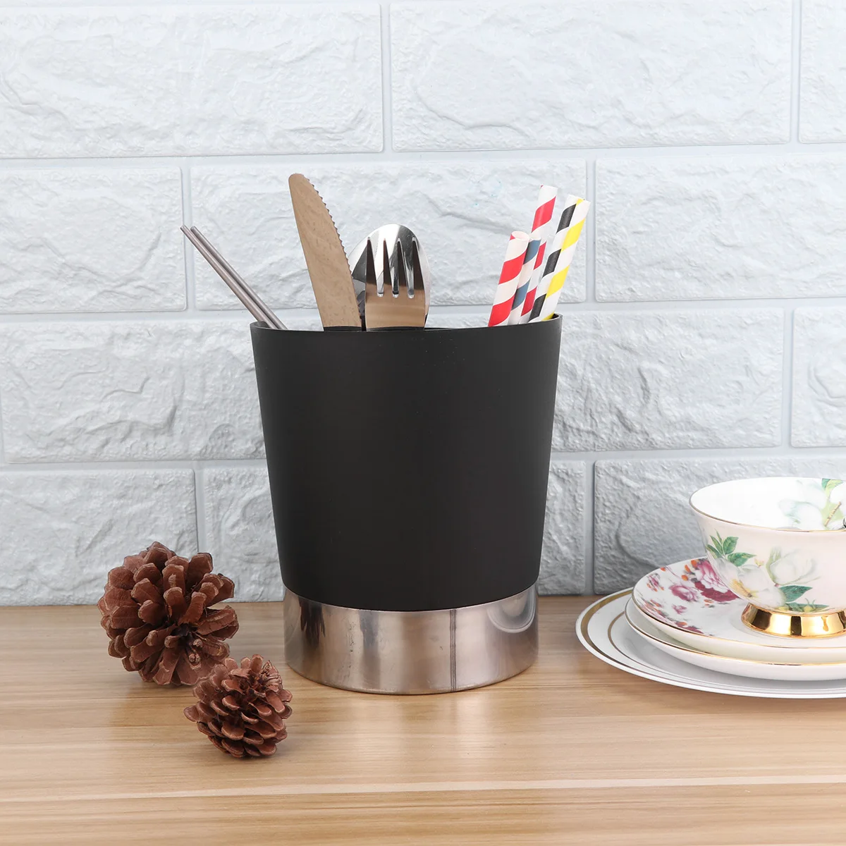 

3-Compartment Kitchen Utensil Organizer Flatware Holder Black Tableware Caddy Straw Chopsticks Drainer Storage