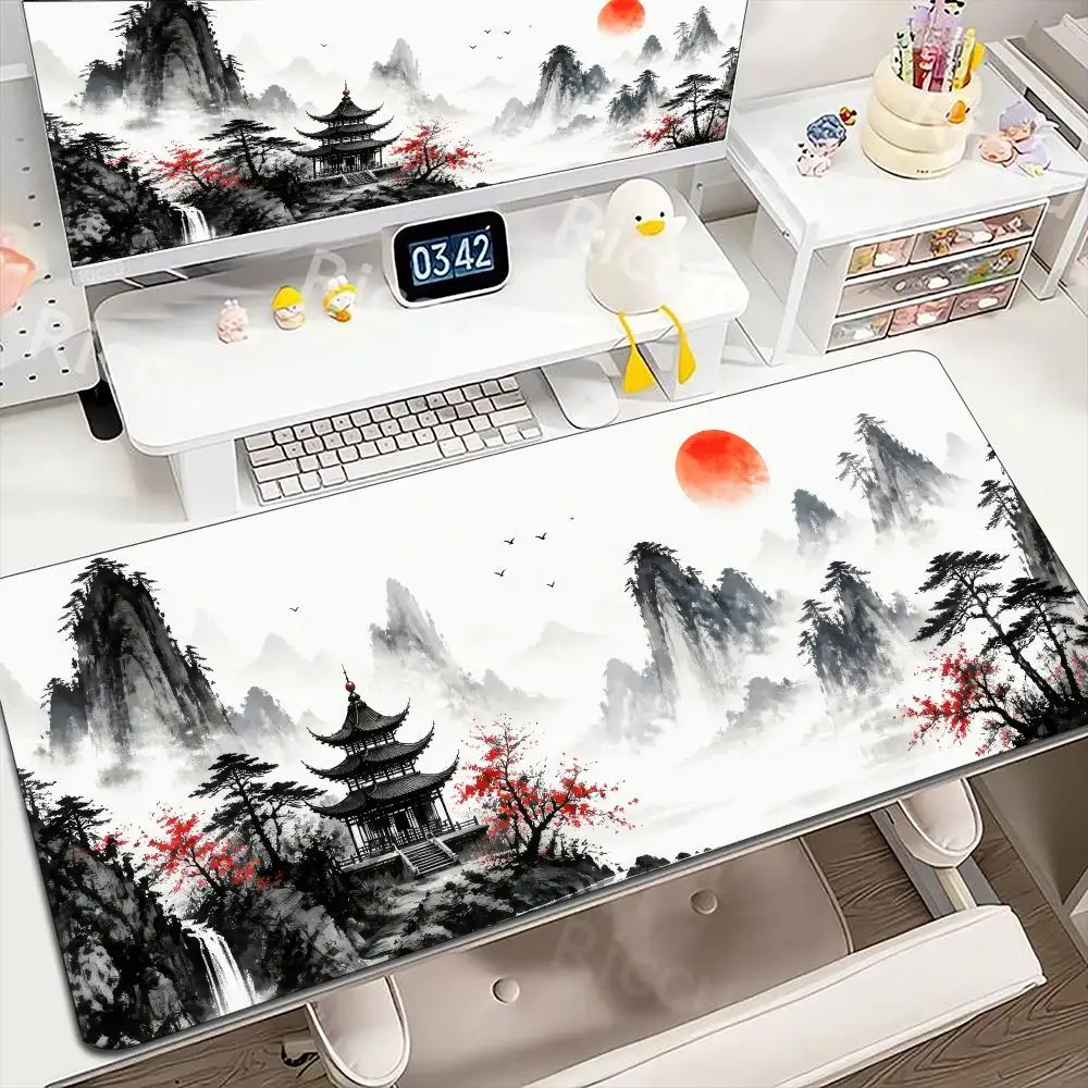 Chinese Landscape Mountain Pavilion Red Sun Birds Large Desk Mat Non Slip Rubber Gaming Mouse Pad For Pc Desk Accessories