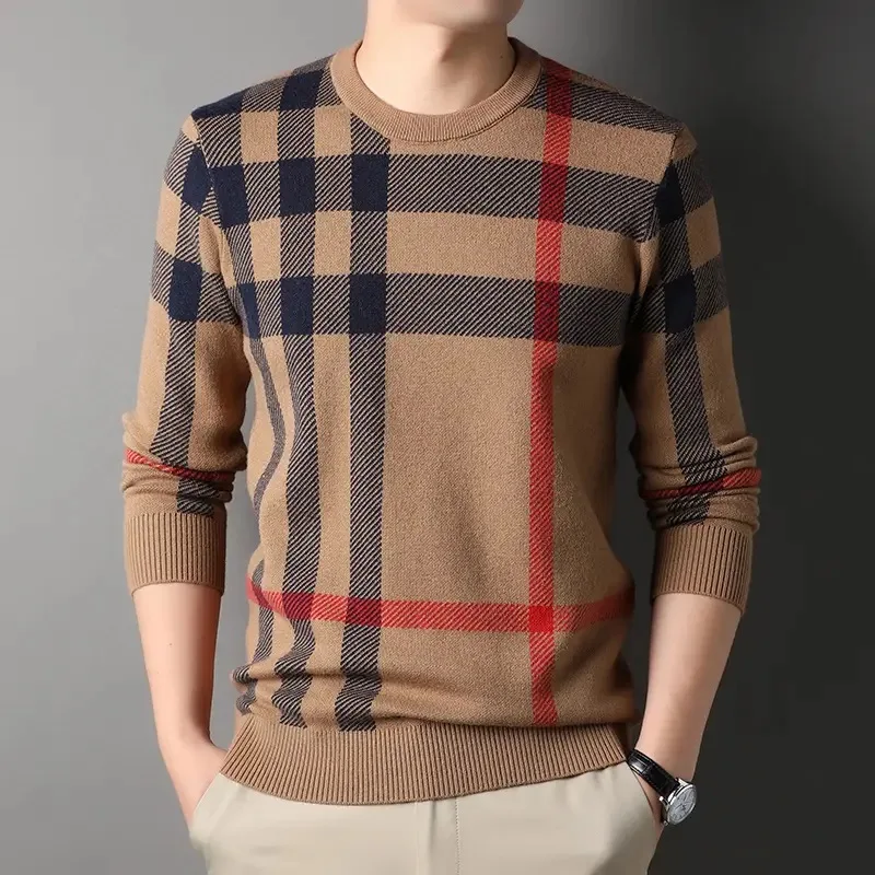 High quality luxury men's round neck sweater autumn winter brand striped wool sweater European casual fashion knitted pullover