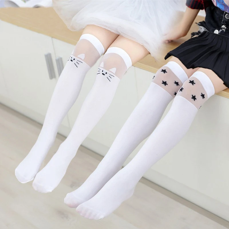 

White school princess girls socks Summer Spring Over The knee high socks cartoon star/heart/stripe Cartoon design long stockings