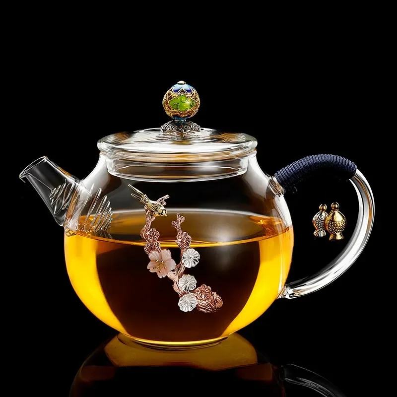 250ml Heat-resistant Glass Small Teapot Handmade Inlaid with Silver Flower Teapots Office Home Kettle Kung Fu Tea Set Decoration