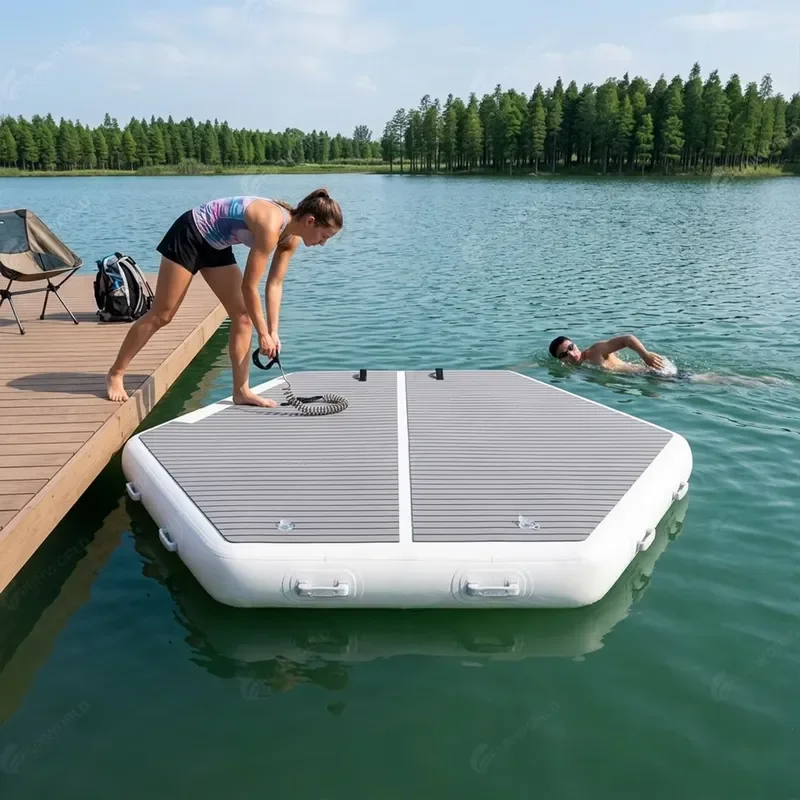10ft Sea Leisure Square Inflatable Floating Platform Slip Teak Color Hammock Trampoline Floating Dock With Mesh