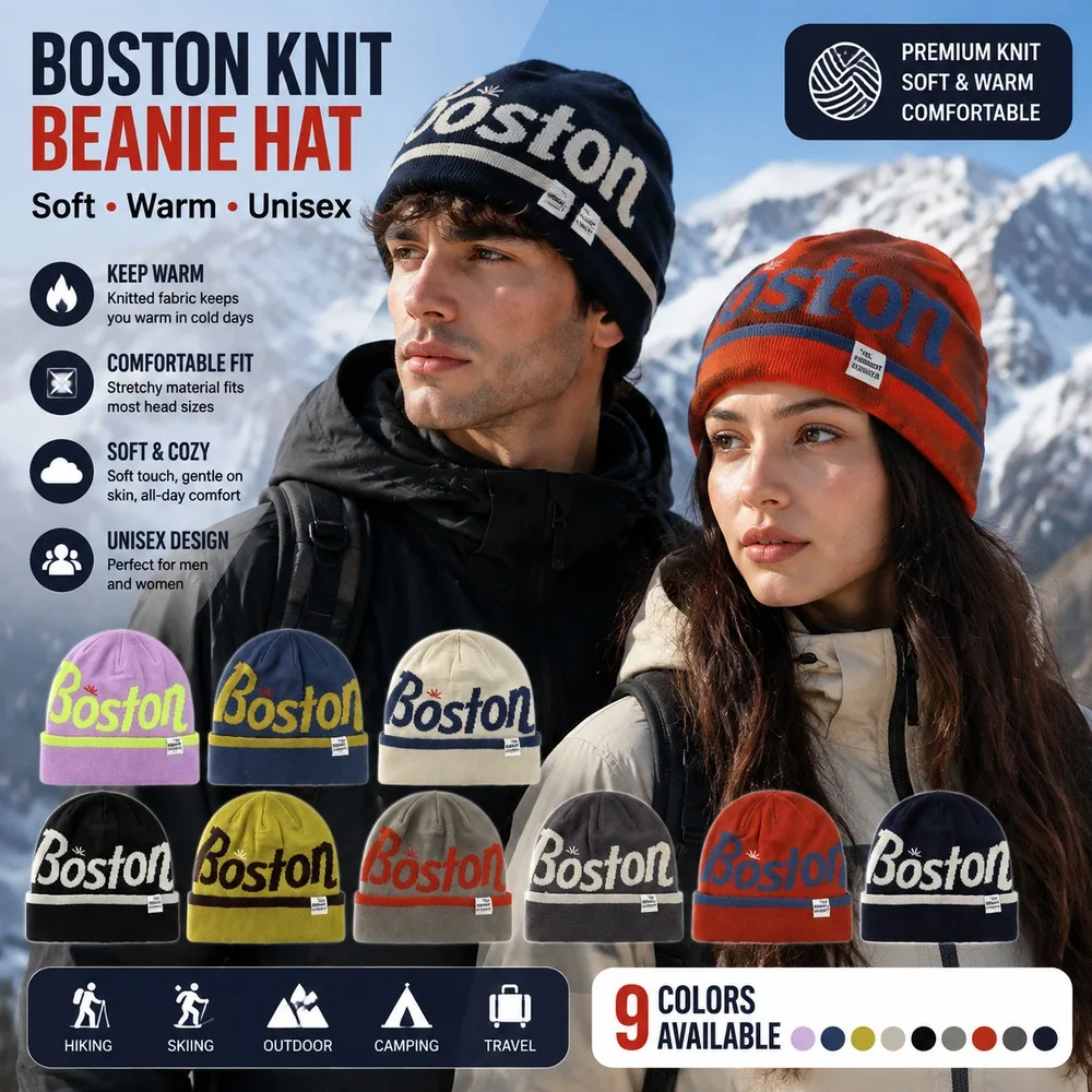 Boston Letter Knit Beanie Hat Winter Warm Cap Unisex Soft Stretch Ski Snow Hat Outdoor Hiking Travel Streetwear Headwear