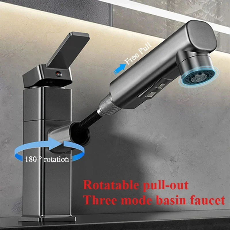 

Pull Out Bathroom Faucet Hot and Cold Water Mixer Basin Sink Three Mode Water Outlet Faucet Washbasin Tap