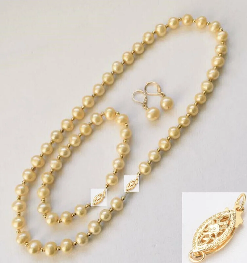 

Natural Pearl AAA9-10mm Golden South Sea Round Pearl Necklace 18inch+Bracelet 7.5-8inch Earring Set 14Kp