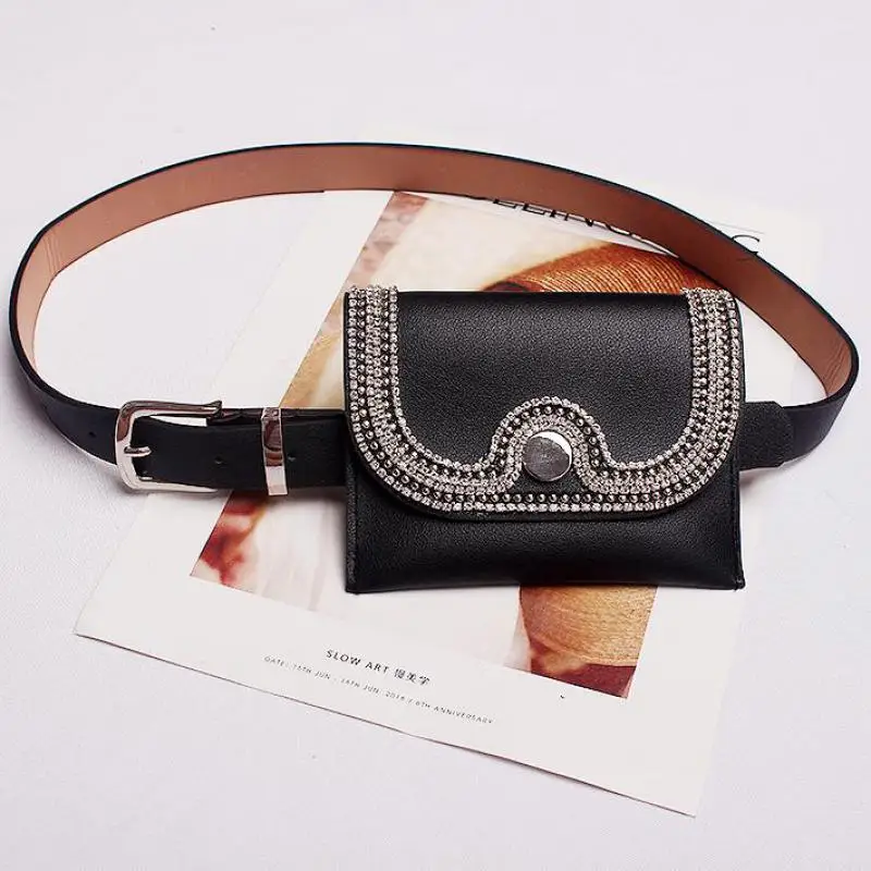 Glitter Full Diamond Waist Bag New Fashion Dark Buckle Pu Leather Belt Pockets Belt Ladies Dual-use Three Optional Tide Bag 729