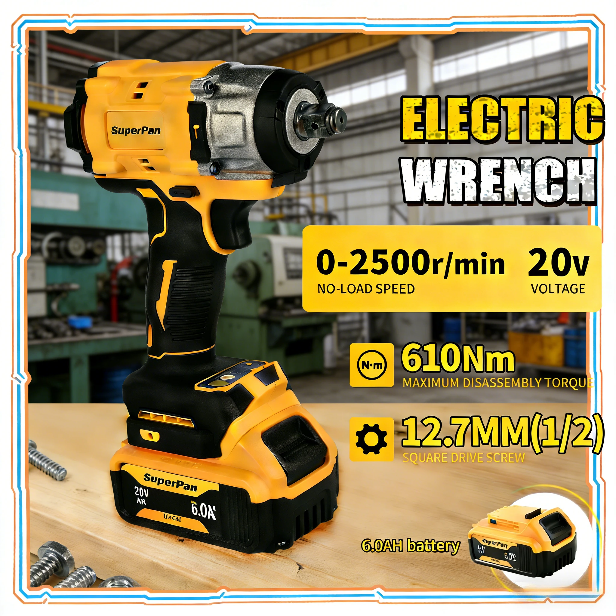 

Ударный гайковерт SuperPan SP922, 610 Н·м, 6.0 Ач, для ремонта автозапчастей и обслуживания гаражей, совместим с аккумулятором DeWalt 20В