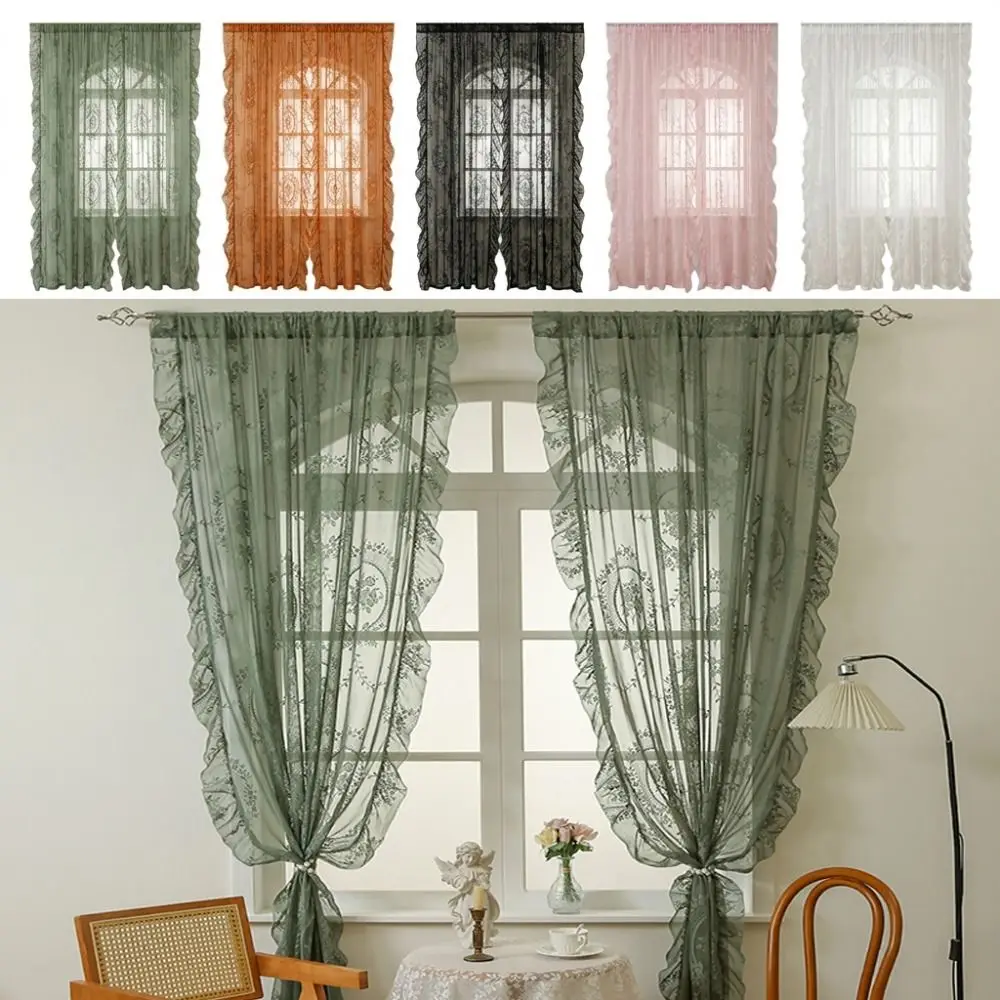 New French-Style Lace Curtains Solid Color Ruffled Edges Window Curtains Half-Shaded Gauze Curtains Home Decoration