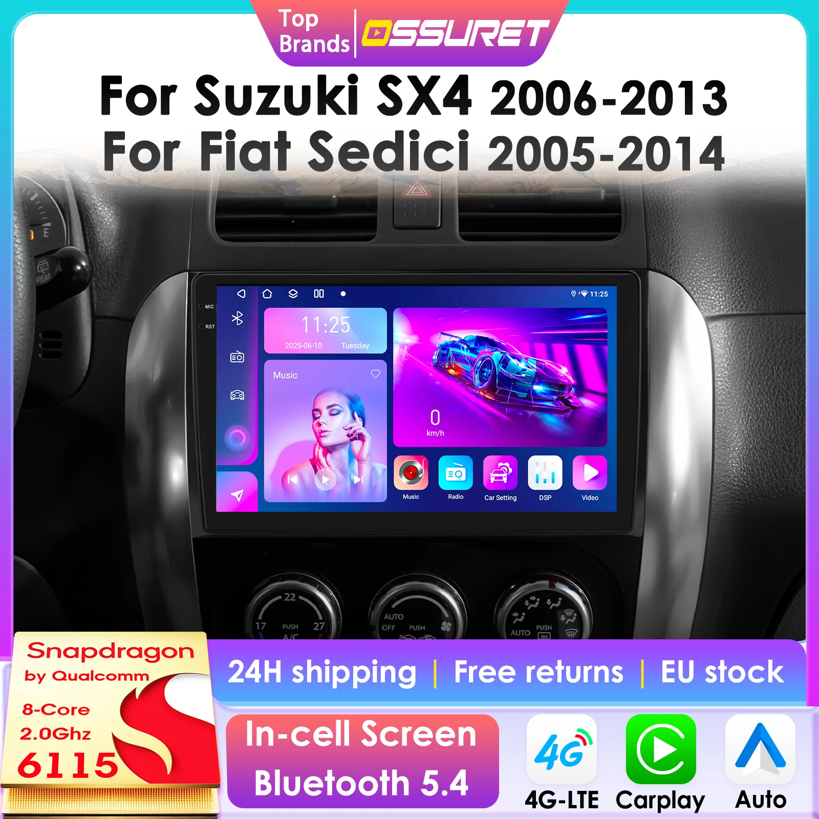 Autoradio 2Din sans fil Carplay Android Auto pour Fiat Sedici 2005-2014 pour Suzuki SX4 2006-2013 GPS 4G-LET DSP 360 ° Caméra 6115