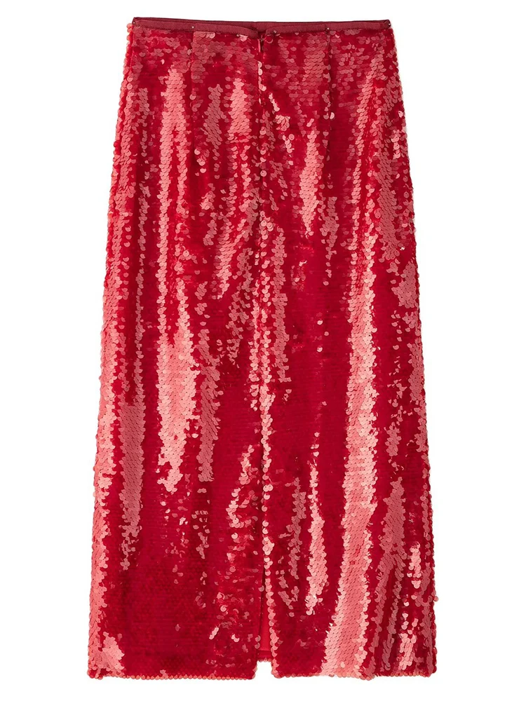 YERMORA High Elastic Waist Red Sequins Slit Casual Half Body Skirt For Women Loose Fahsion Tide Spring Summer 2025 New A471