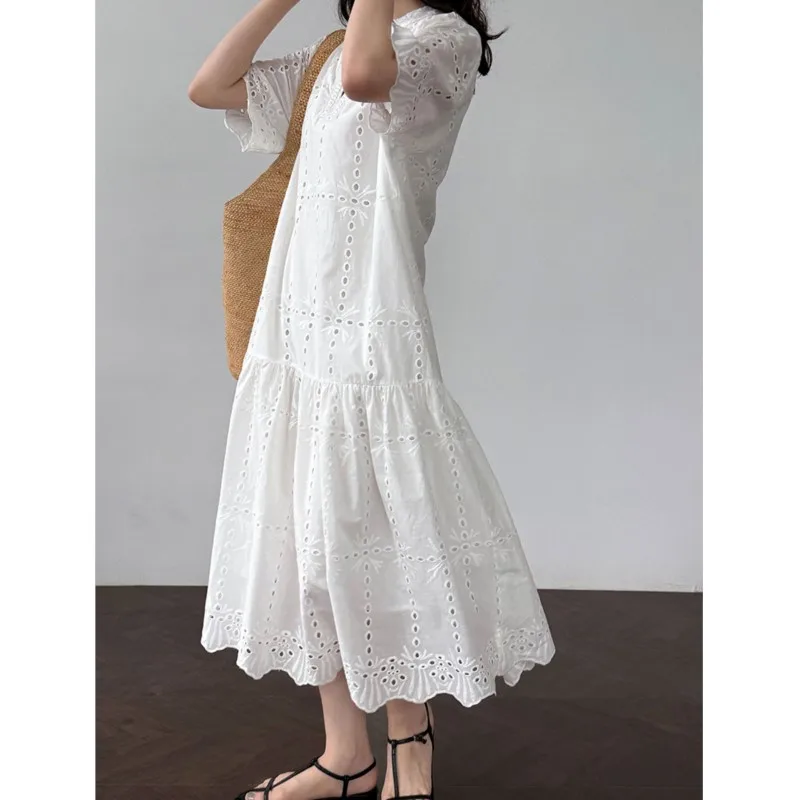 Johnature francese cut-out pizzo ricamo all'uncinetto abito donna 2025 estate nuovi abiti lunghi casual allentati semplici con scollo a V