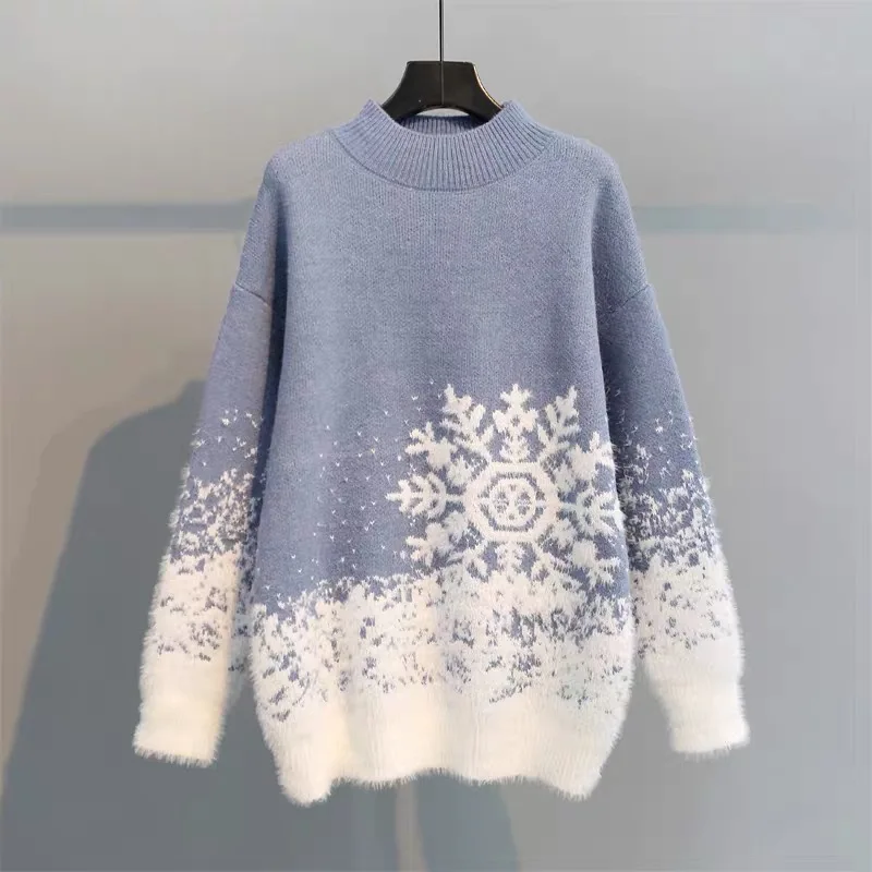 

Christmas Snowflake Knit Pullover Women2025Autumn and Winter New Round Neck Loose Slimming Fashion Base Sweater for