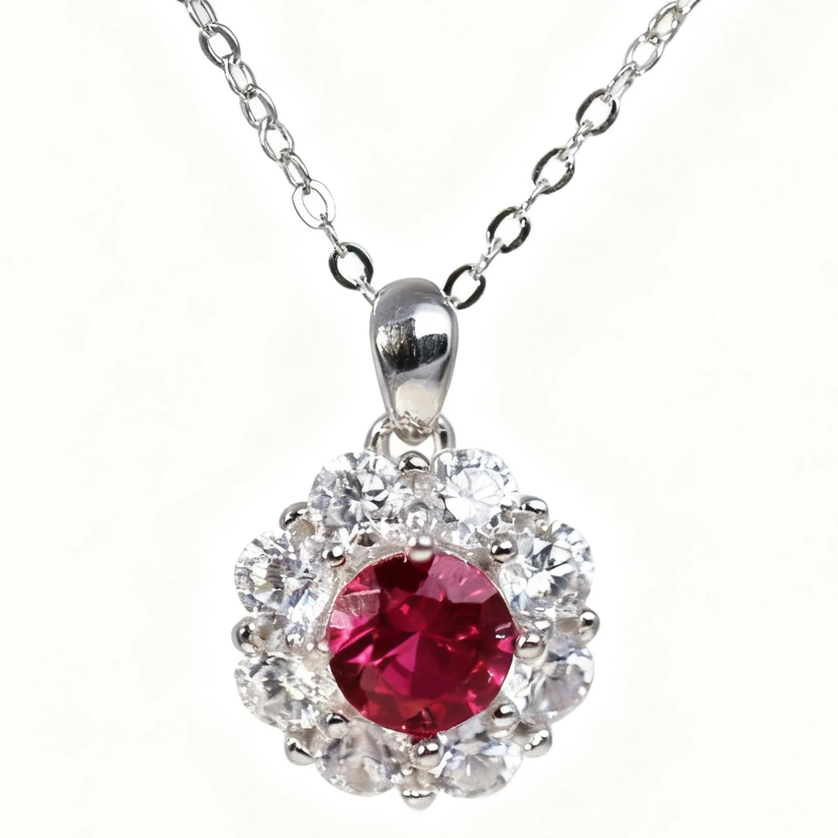 

Thick Rhodium Plated 925 Sterling Silver With Lab Grown Round Ruby Necklace Zircon Halo Elegant Fashion Jewelry Gift For Women
