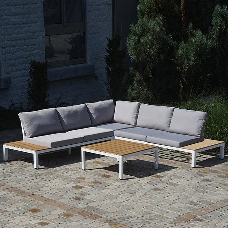 

z Aluminum Teak wood Corner Set Couch Patio Outdoor Furniture Garden Aluminum Seating Sofa