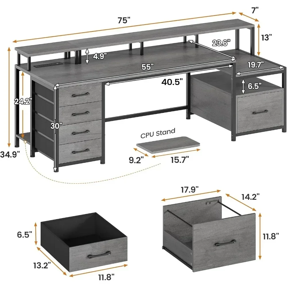 

75 Inch Computer Desk, Power Socket and LED Lights, Home Desk with File Drawer, Storage Shelf, Printer Cabinet and Monitor Stand