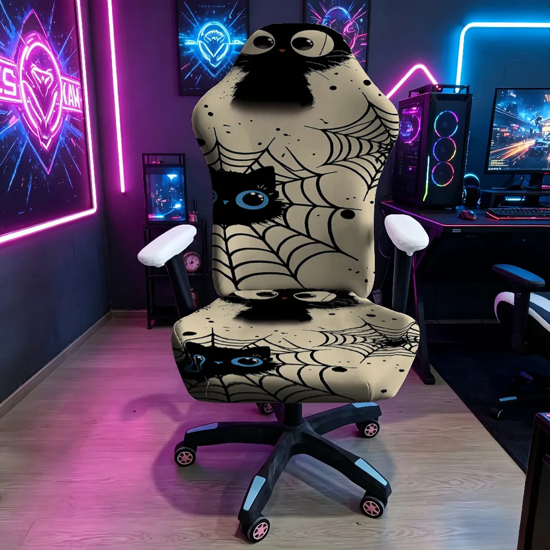 1PC Black Cat Spider Web Gaming Chair Cover, E-sports Stretch Elastic Anti-Scratch Slipcover for Gamer & Office Chair