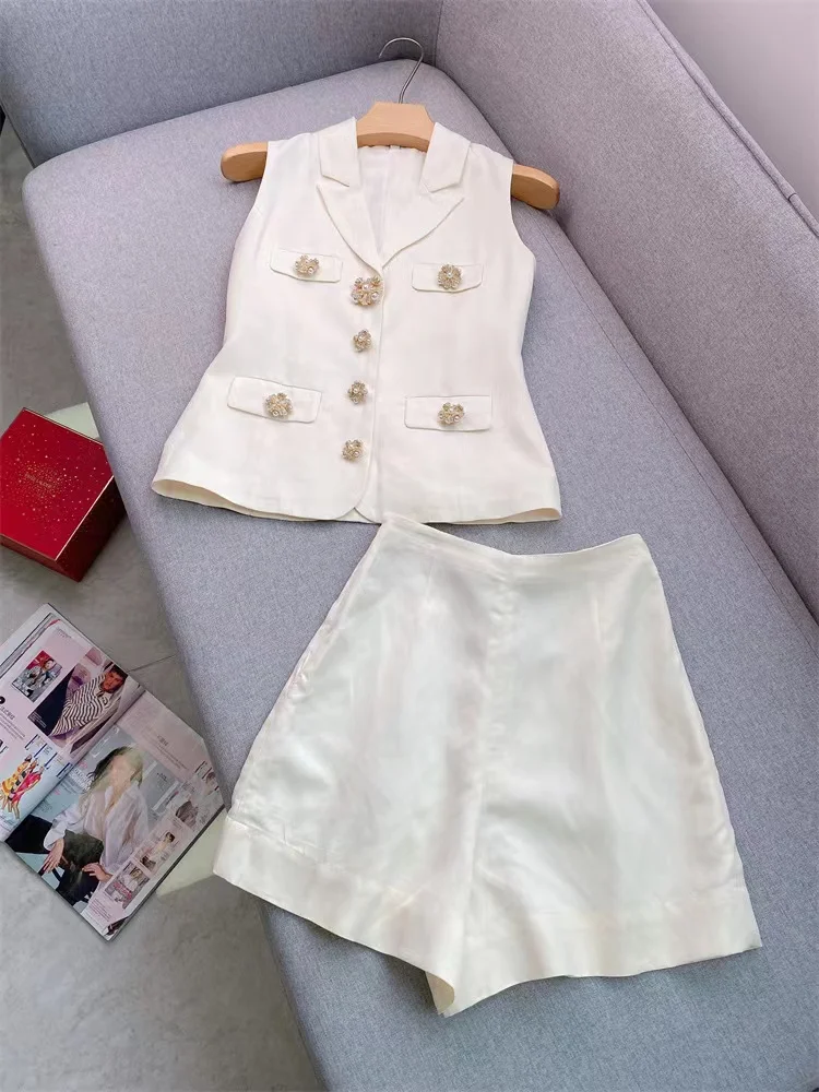 2024 Summer New Fashion Temperament Set Women Linen Sleeveless Slim Tops Vest or High Waist Shorts Ladies Suit