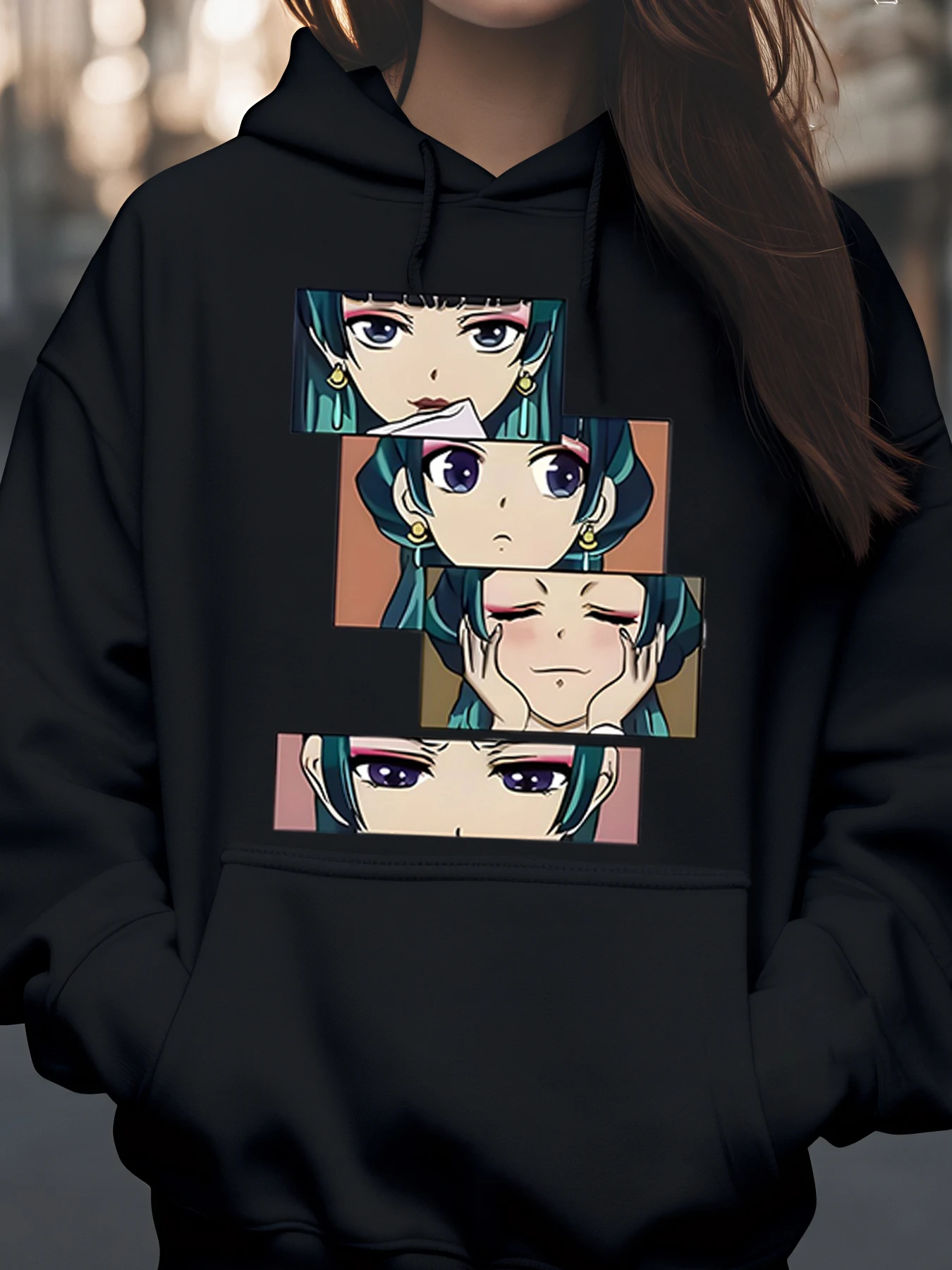 هوديي مطبوع عليه وجوه الرسوم المتحركة لملابس غير رسمية للنساء والفتيات