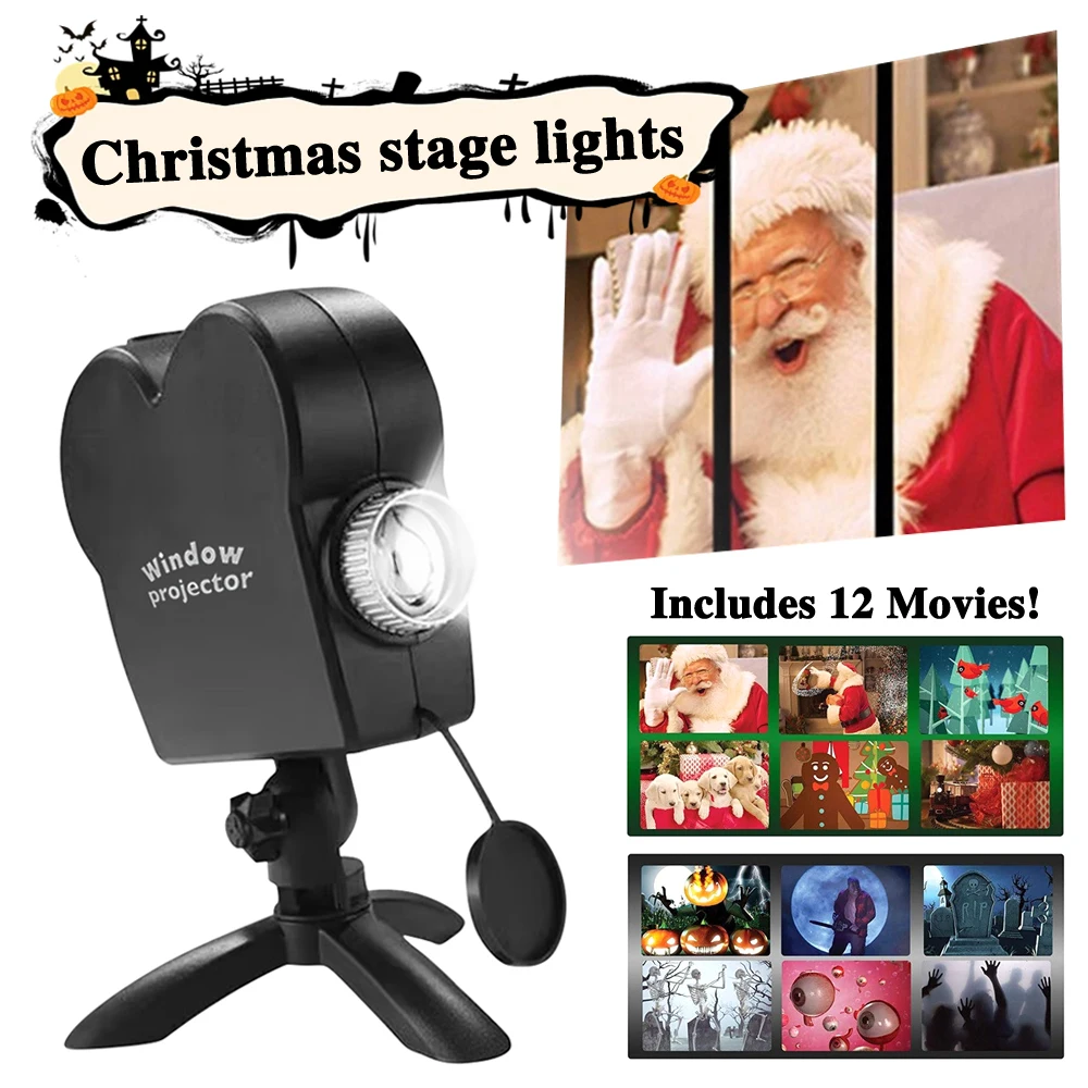 Halloween Christmas Projector Garden Decoration Lighting Wonderland Horror Movie and Tripod Light Show Window Built-in 12 Movies