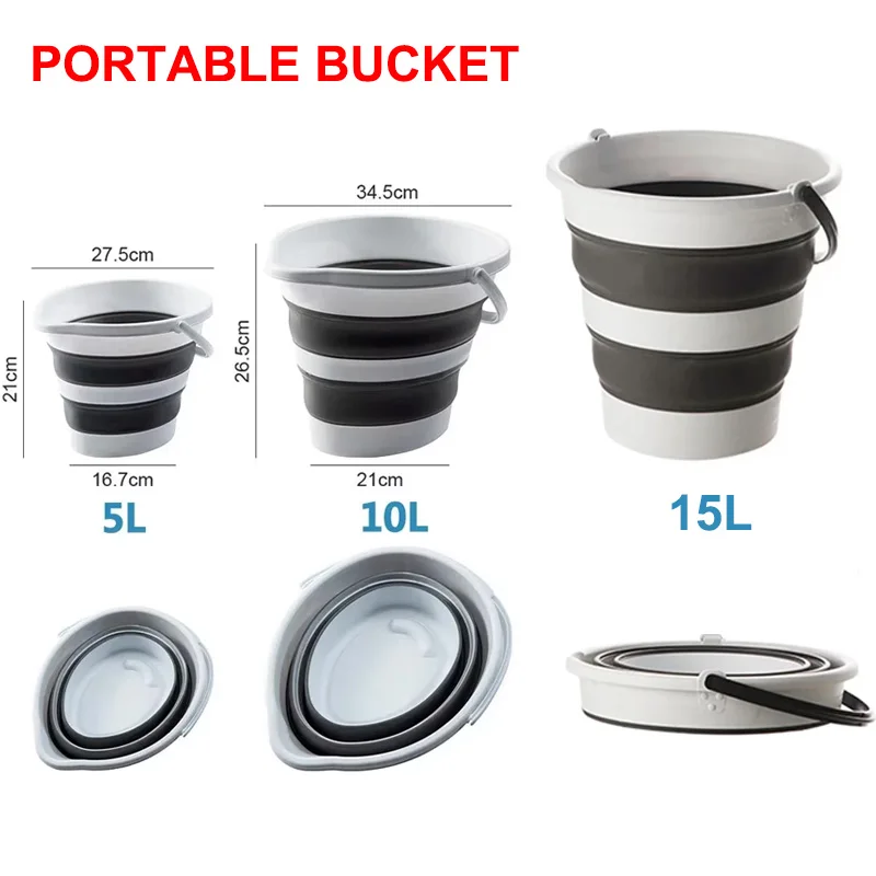 Collapsible Bucket 5L-15L Stripe Pattern Storage Bin w/ Handle, Space-Saving Foldable Container for Camping Fishing  & Car Wash