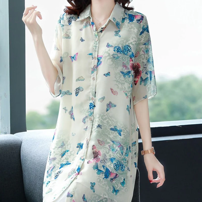 Summer New POLO Collar Fashion Short Sleeve Shirt Women High Street Casual Loose Button Cardigan Printing Mid-length Chic Tops