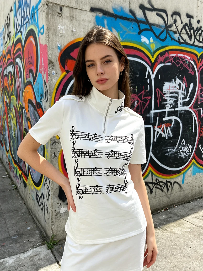 Retro Music Note Print Tee Summer Half Zip Stand Collar Epaulet Detail Short Sleeve Slim Y2K Aesthetic Casual Women T-Shirt Tops