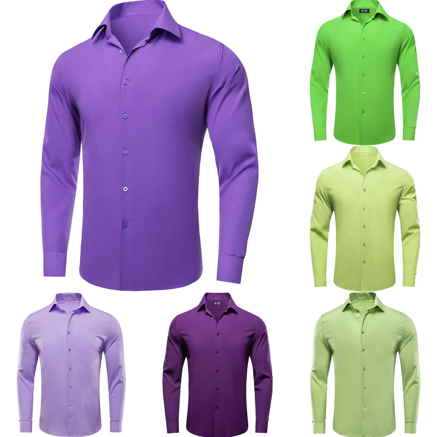 Violet Purple Solid Silk Men\'s Shirts Spring Autumn Long Sleeves Lapel Slim Fit Shirt Wedding Formal Business Party Gifts Hi-Tie
