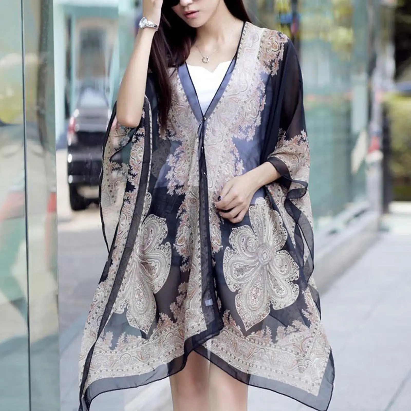 Women Beach Cover Up Floral Kimono Summer Cardigan Chiffon Scarf Loose Blouse Cover Casual Up Sleeve Beach Shawl Half B H6E3