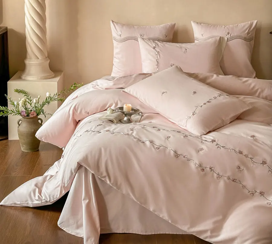 Elegant sweet embroidery flower green pink bedding set,full queen king cotton home textile bed sheet pillow case duvet cover