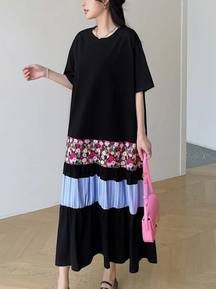 プラスサイズ サマー ミディアム丈 Aライン カジュアル Tシャツワンピース レディース ワンピース ルーズ パッチワーク 大きめ 半袖 レディース ドレス