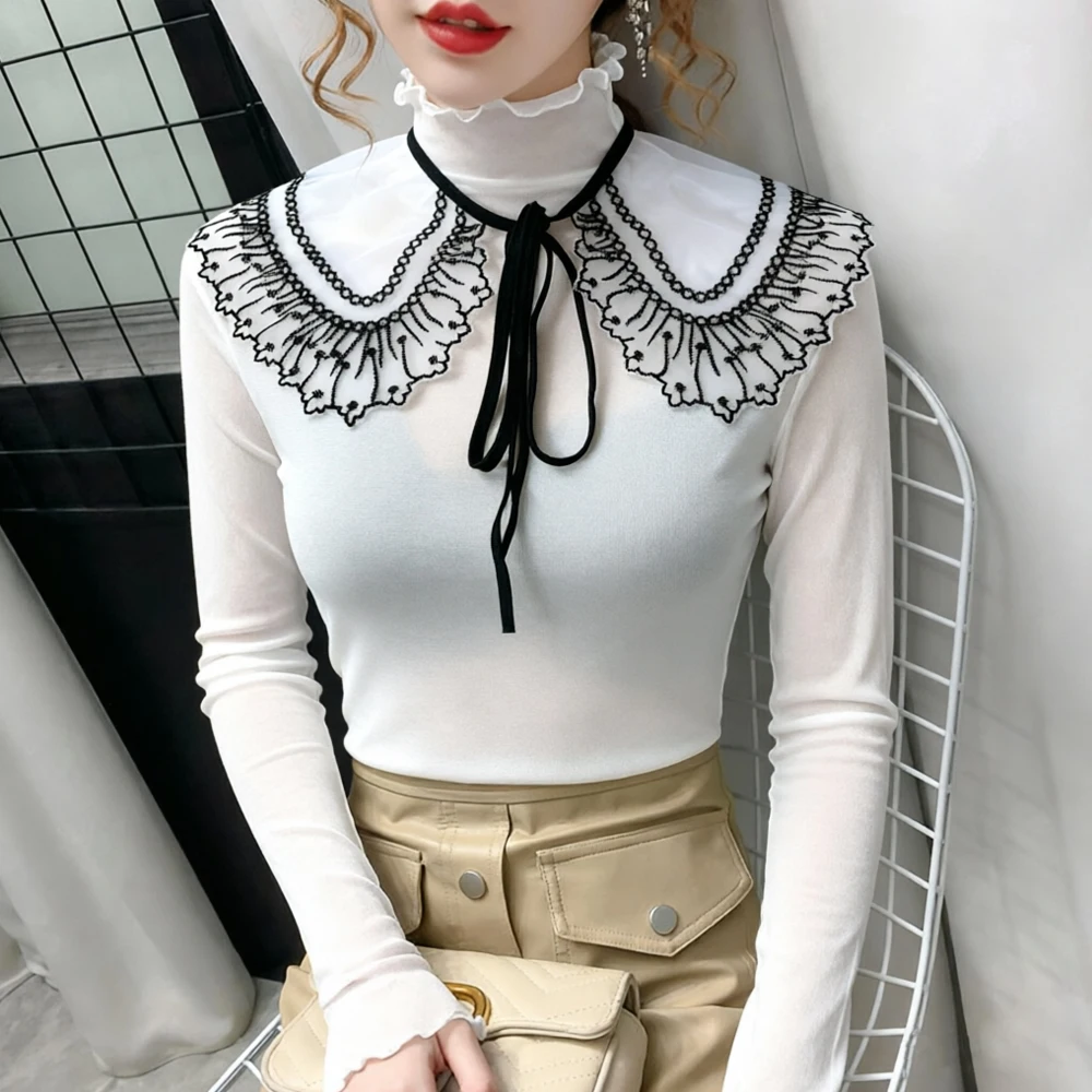 Women Floral Lace False Collars Y2K T Shirt Transparent  Elastic Mesh T-Shirt Club Party Thin Female Blouse Long Sleeve Tops
