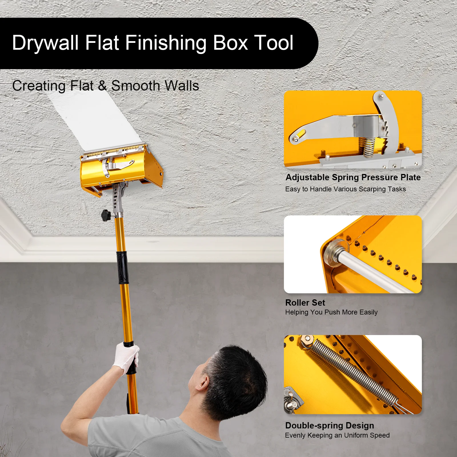 9.8Inch Portable Professional Drywall Taping Tool Flat Finish Box Set with 40''-64'' Extendable Handle