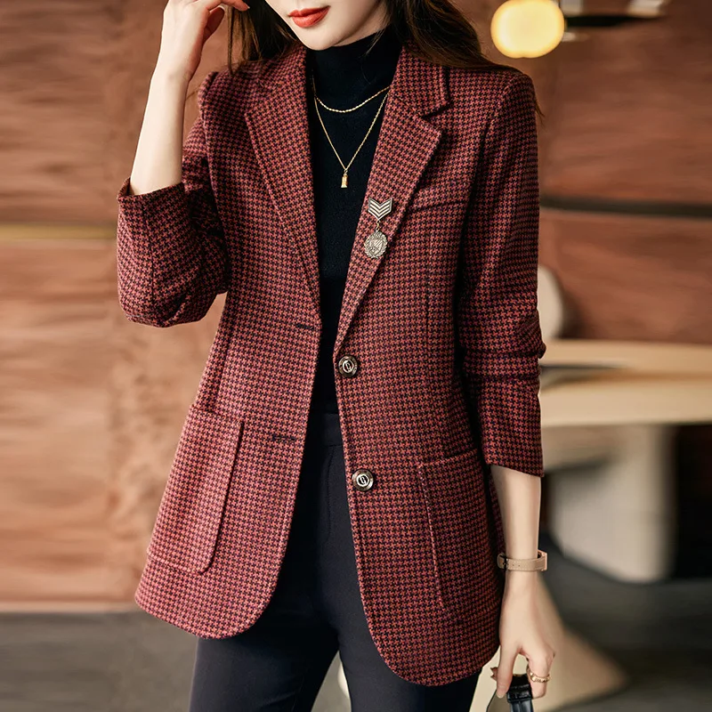 Temperament Houndstooth Suit Jacket Women 2022 Autumn New Retro Green Red Gary Female Blazers