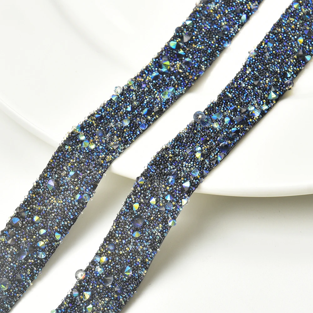 Hot Fix Rock Diamond Crystal Ribbon Trimming 1.5cm Width Rhinestone Chain Tape Iron on Round Caviar Beads Banding for Dress DIY