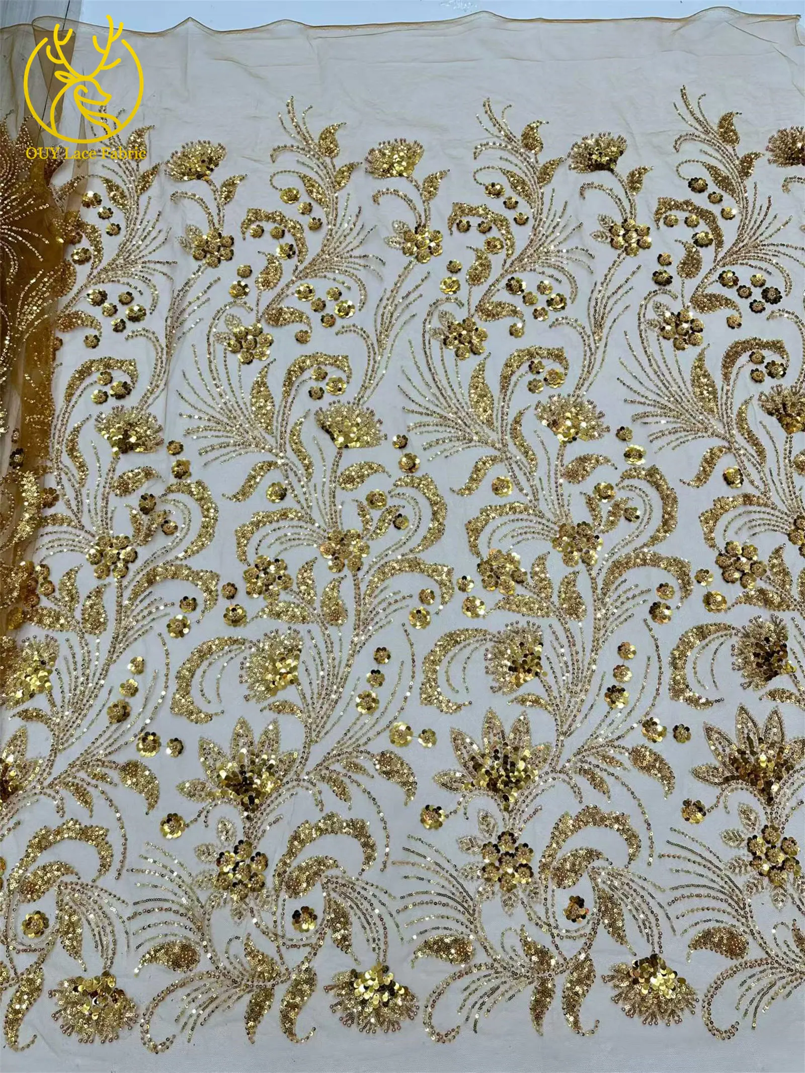 Eleganter 5-Yard-Paillettenstoff mit Kleinen Blumen, Afrikanischer Perlen-Pailletten-Spitzenstoff, Nigerianischer Luxuriöser Pailletten-Netzstoff für Kleider und Näharbeiten – Detail 14