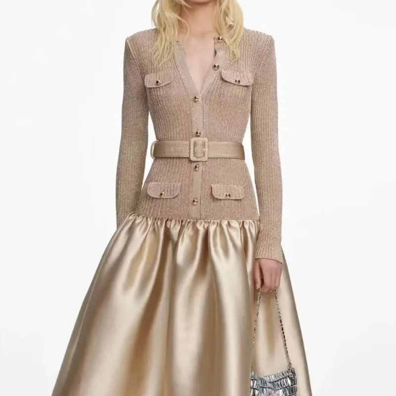 Qianjin elegant style slim and thin tutu skirt splicing with belt long dress