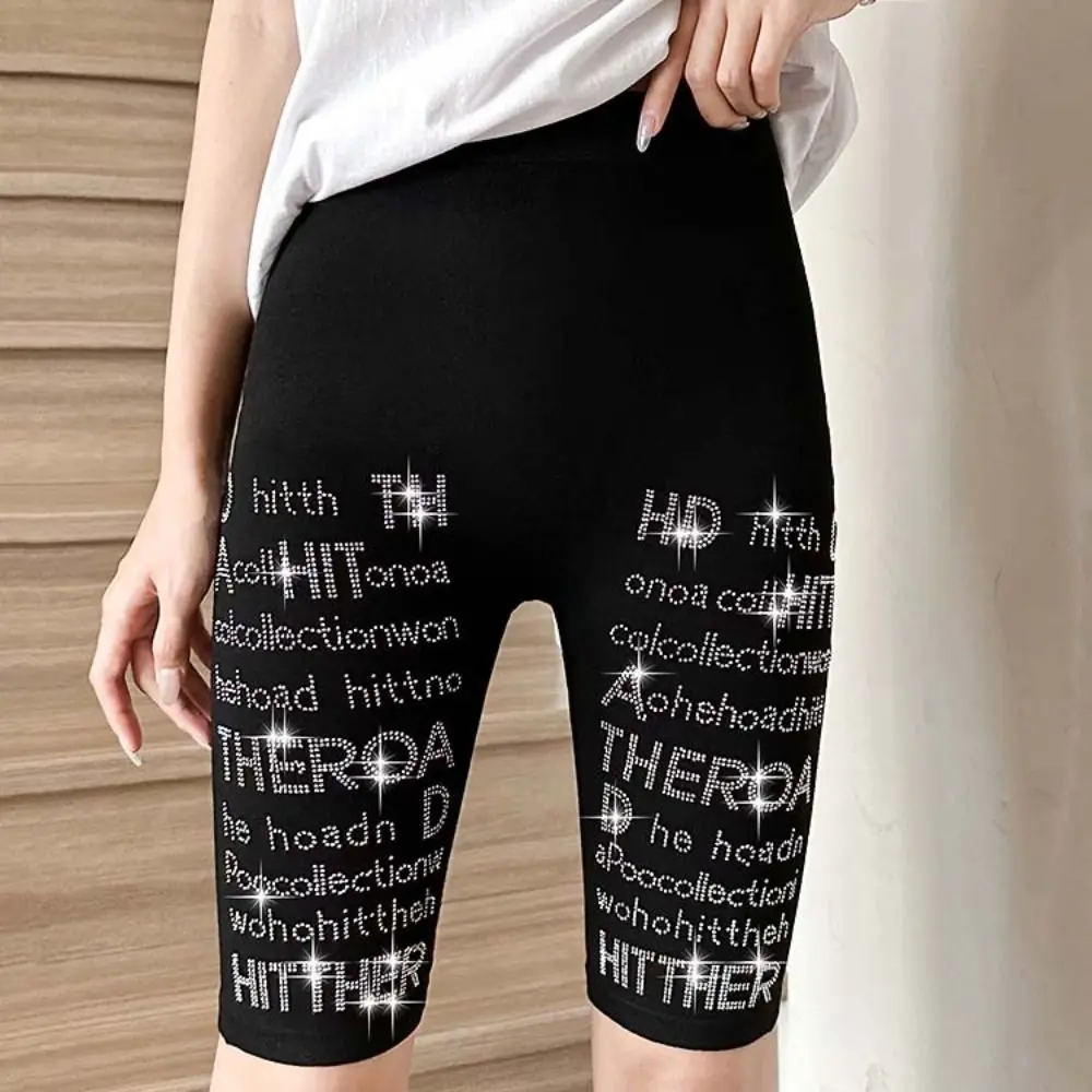 Soft Zircon Letter Hip Lift Yoga Shorts Elastic Thin High Waist Leggings Seamless Trousers Women Rhinestone Leggings Indoor